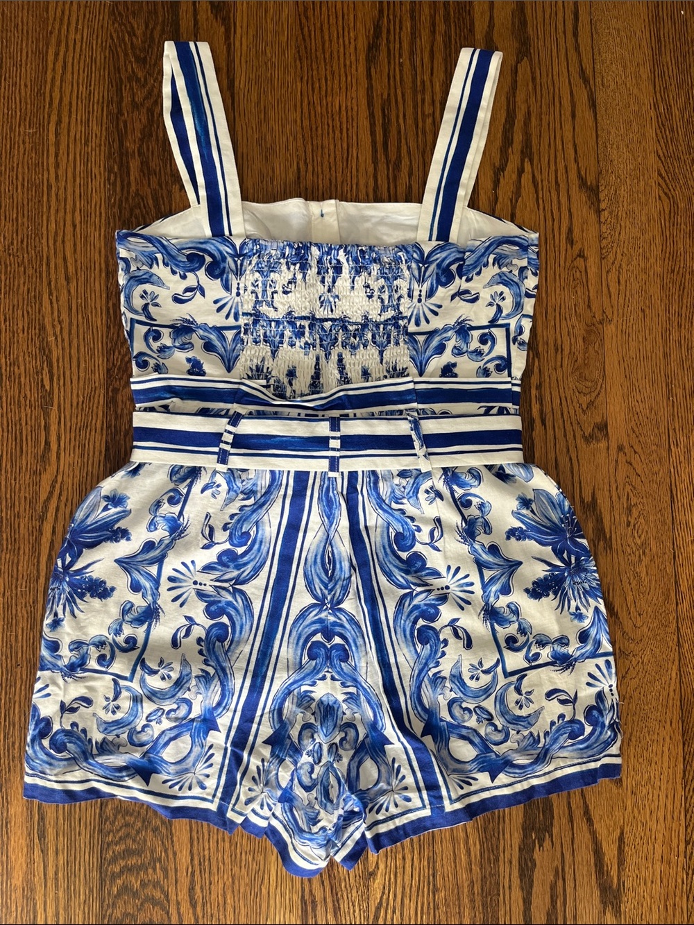 FARM Rio Blue & White Garden Tiles Belted Printed Romper - Picture 9 of 9